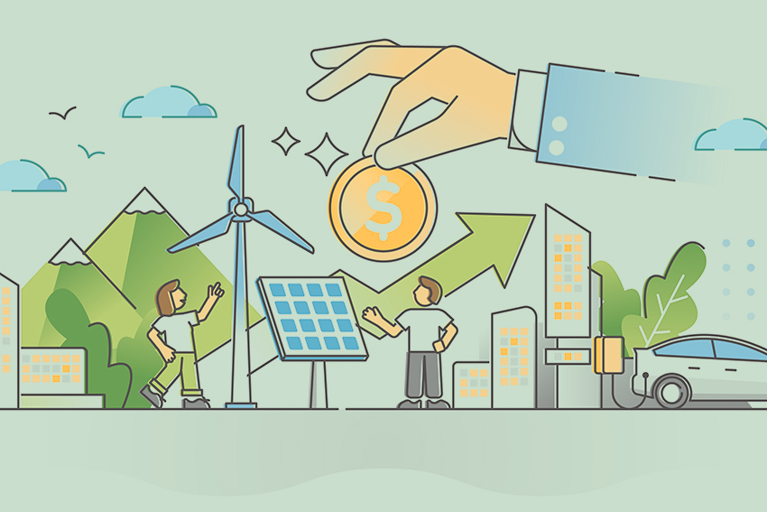 A cartoon graphic showing green technologies and a hand holding a coin.
