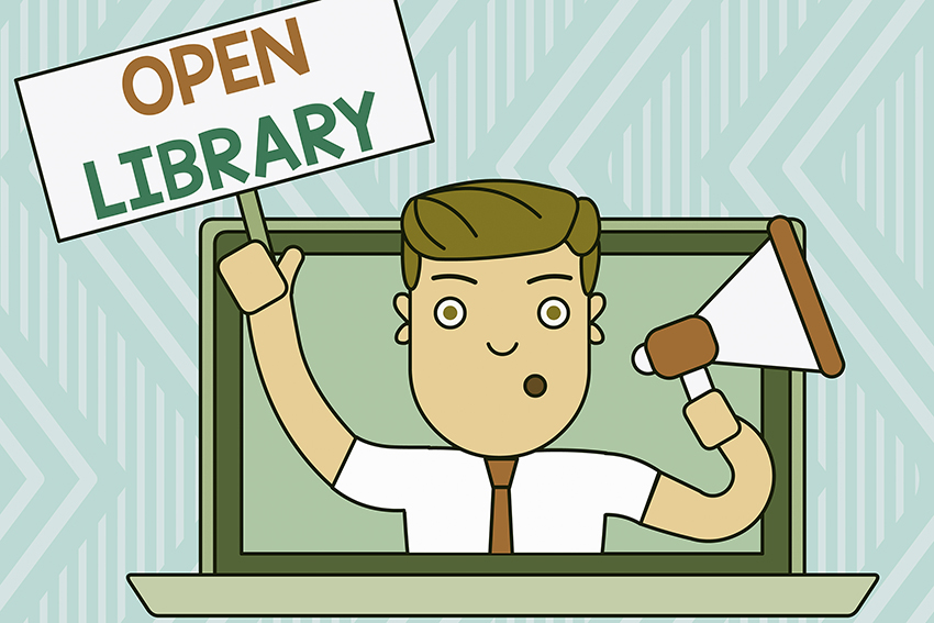A cartoon of a man popping out of a laptop holding a megaphone and a sign that reads "open library".