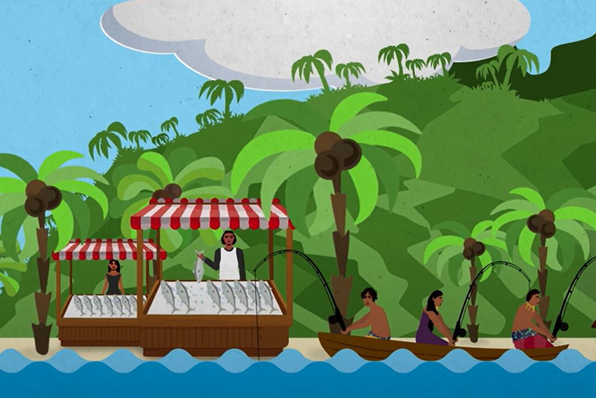 A screenshot of the video, showing islanders fishing and selling seafood in a market.