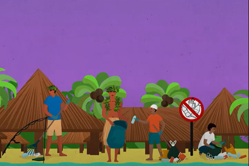 A screenshot from the video showing a cartoon scene of people in Tuvalu cleaning their beach.