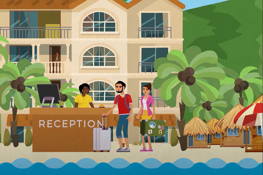 A screenshot from AUT's Fiji Language Week video showing a cartoon hotelier with some tourists.