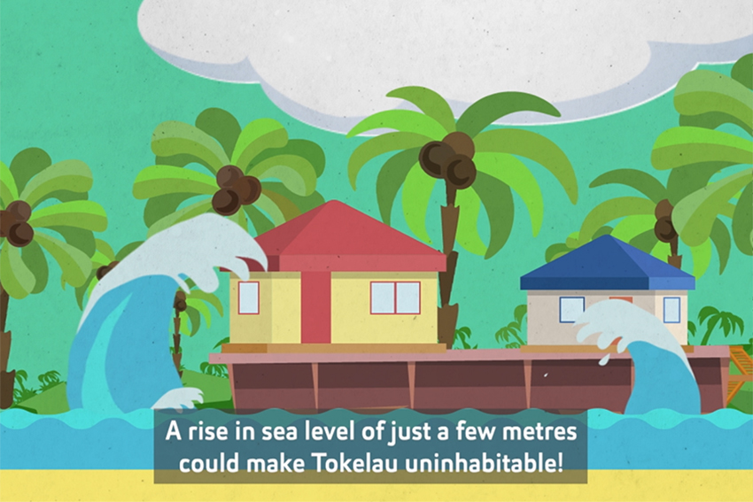 A screenshot of the cartoon video showing waves encroaching on Tokelau.