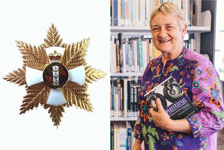 Dame Marilyn Waring A combination photograph of the insignia for the Dames Companion of The New Zealand Order of Merit and a picture of Professor Marilyn Waring holding her book The Political Years.