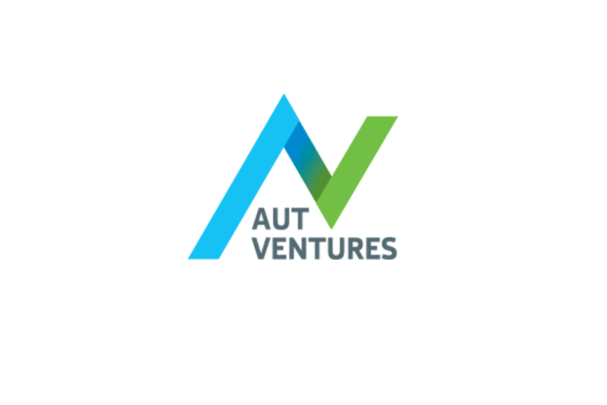 AUT Ventures logo, blue and green v shape with the name AUT Ventures