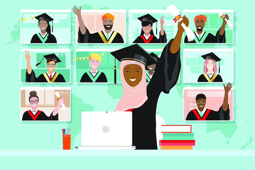 Cartoon image of happy graduates holding up degrees.