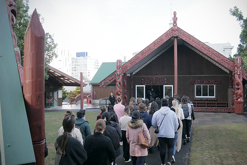 International students being welcomed on AUT's marae.